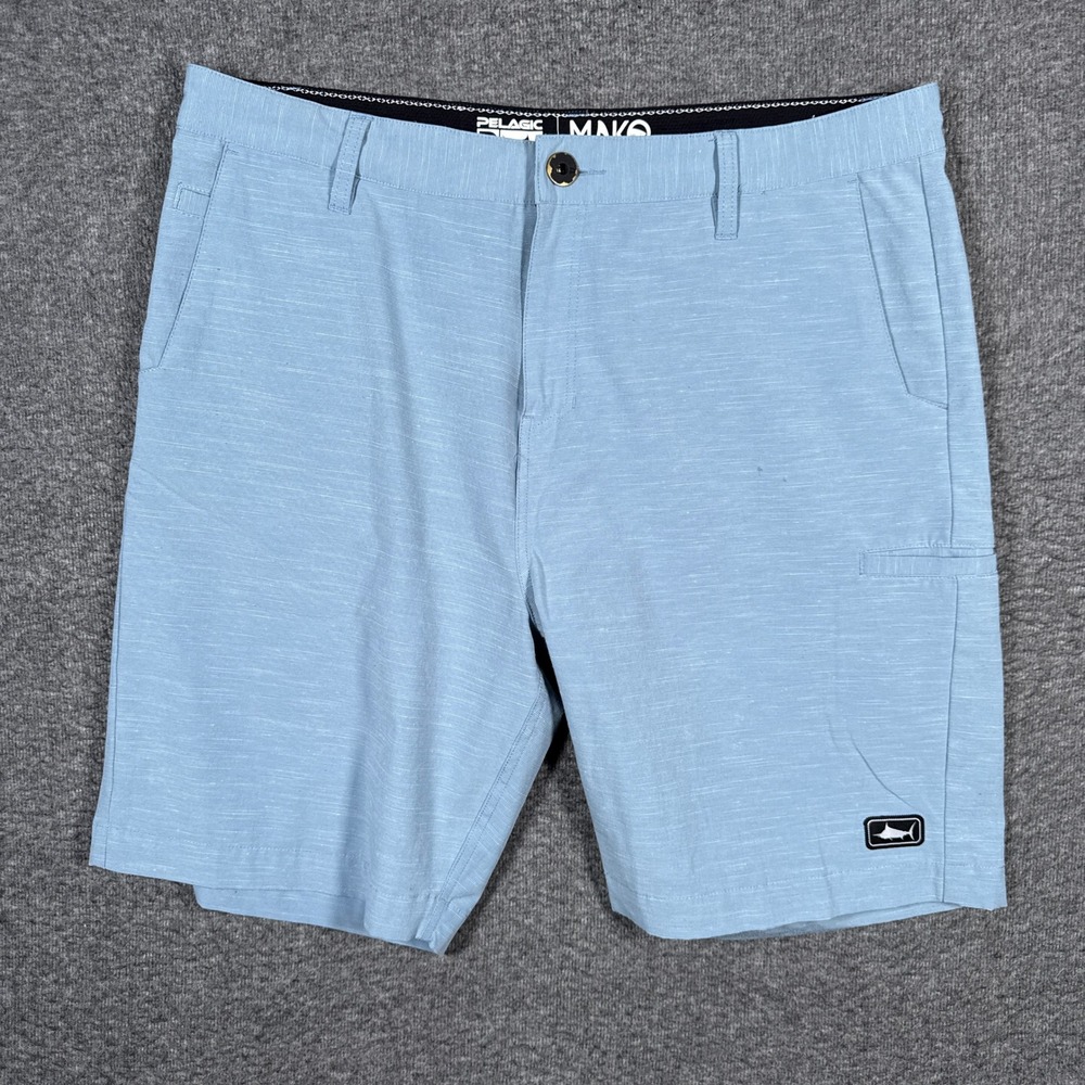 Pelagic Mako XT Hybrid Shorts Mens 36 Blue Fishing Melange Stretch 9"